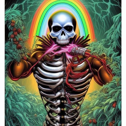 Skeleton Enjoys Rainbow Pepper in Comic Art Style