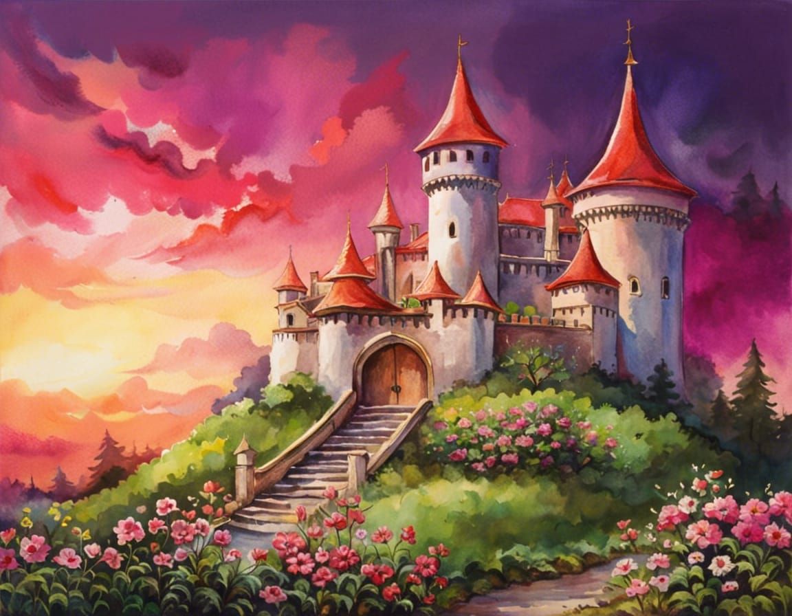 Watercolor Castle Surrounded by Flowers