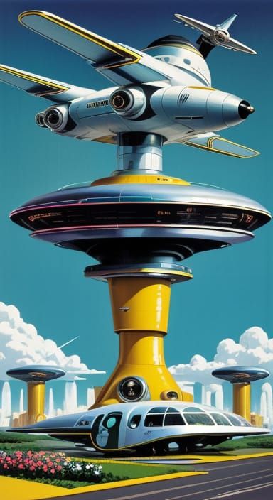 Retro-Futuristic Cityscape with Flying Cars