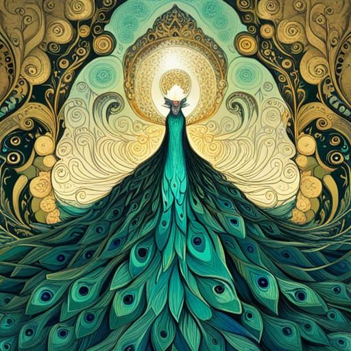 Luminous Peacock Queen with Golden Outlines
