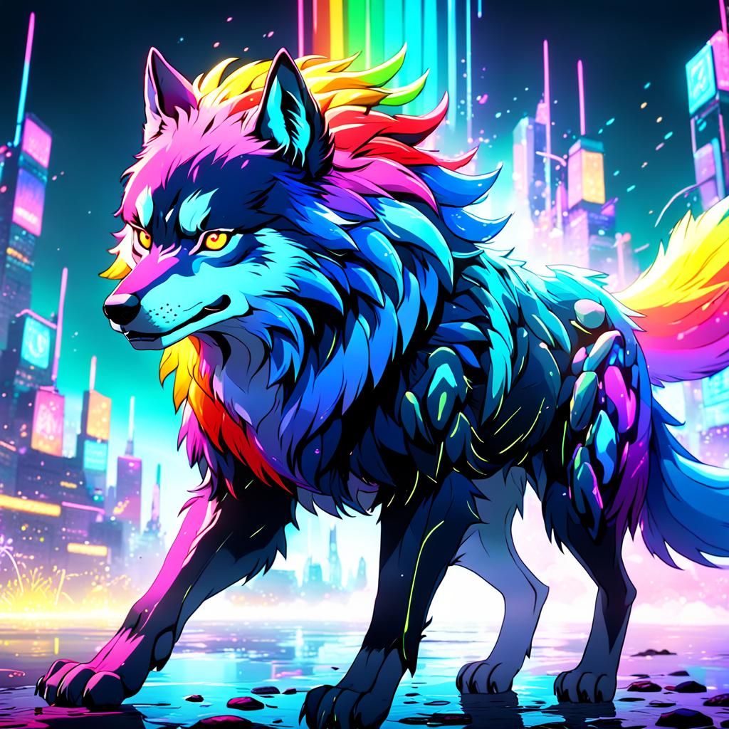 Anime Rainbow Neon Wolf in Detailed Matte Painting