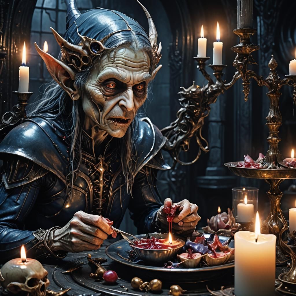 Dark Surrealism: Elf's Macabre Feast in Biomechanical Style