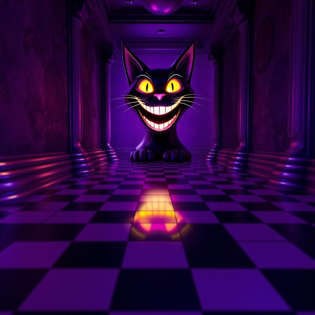Glowing Cheshire Cat on Checkered Floor in Dark Fantasy