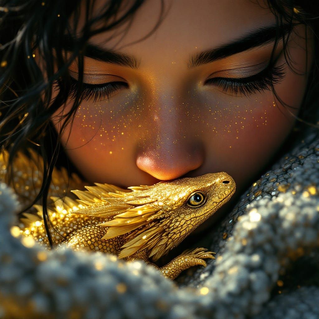 Surreal Golden Goddess Adores Glittering Baby Dragon in Hype...