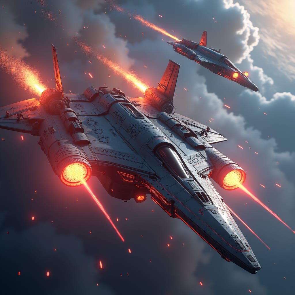 Spaceship Battle in a Swirling Nebula: 8k Matte Painting