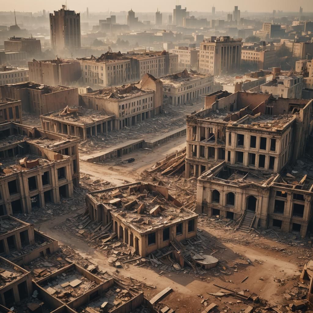 Post-Apocalyptic City Hall Ruins in Golden Light