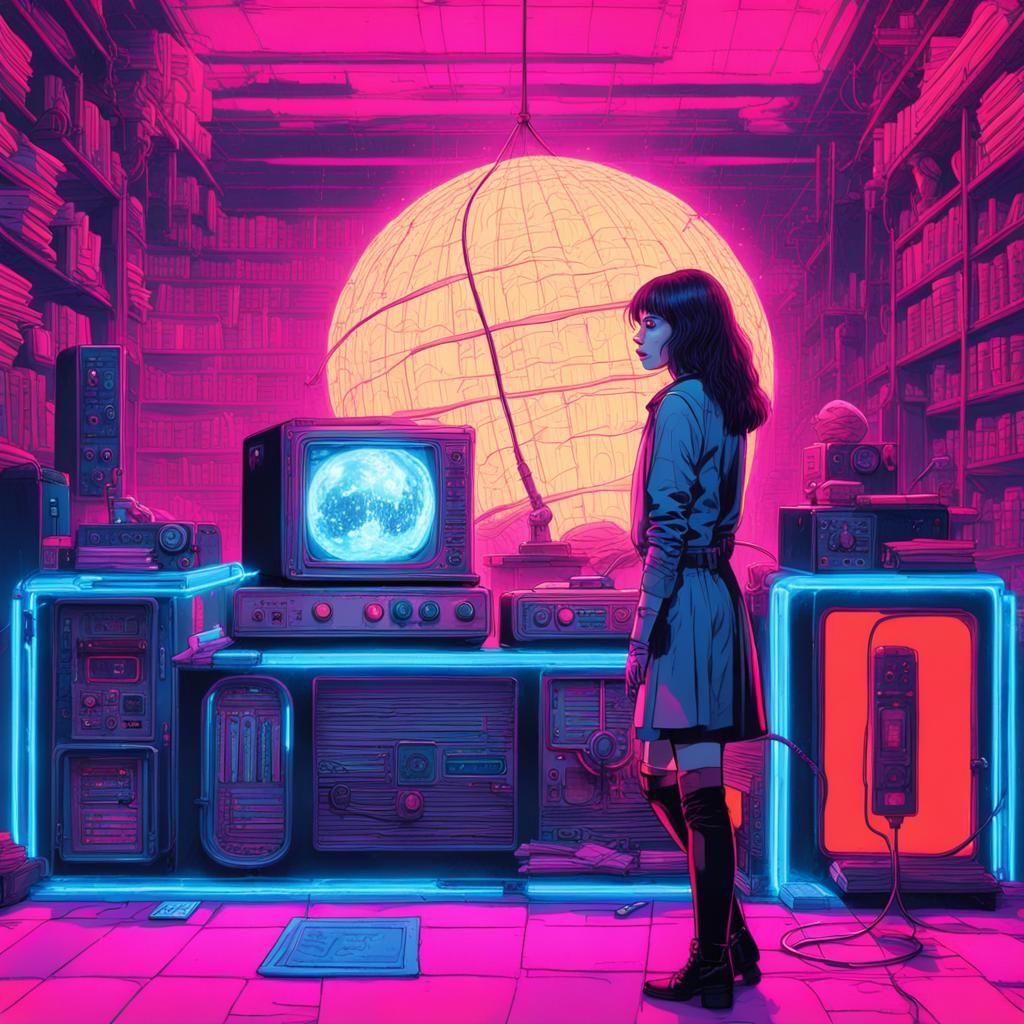 Cyberpunk Goth Model with Vintage Tech in Neon Fog