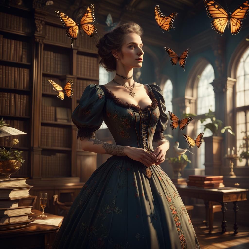 Victorian Woman in Sunlit Library with Butterflies