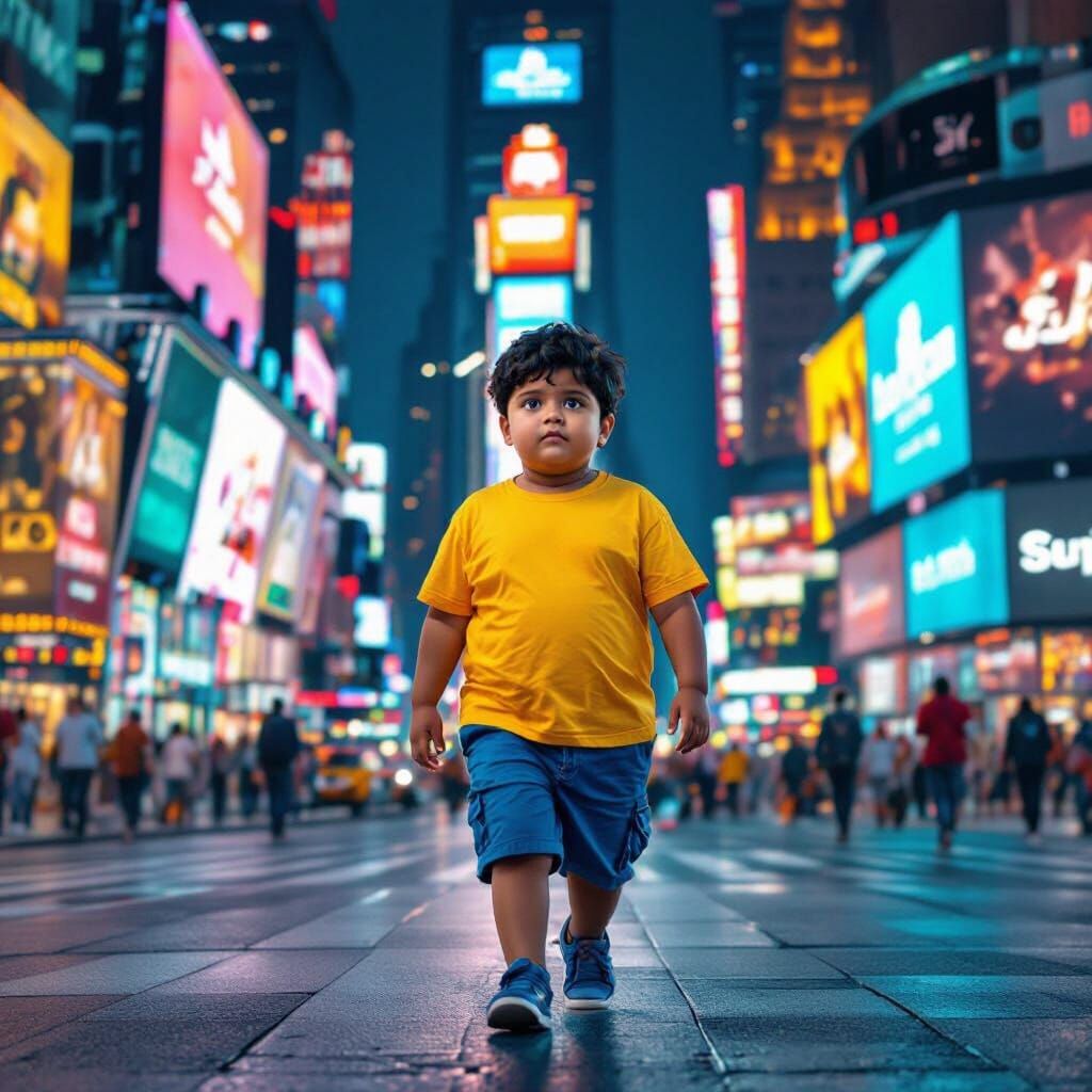 Chubby Indian Boy Walks in Times Square