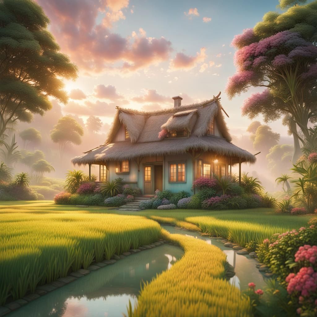 Enchanting Rice Field Cottage in Lush Garden