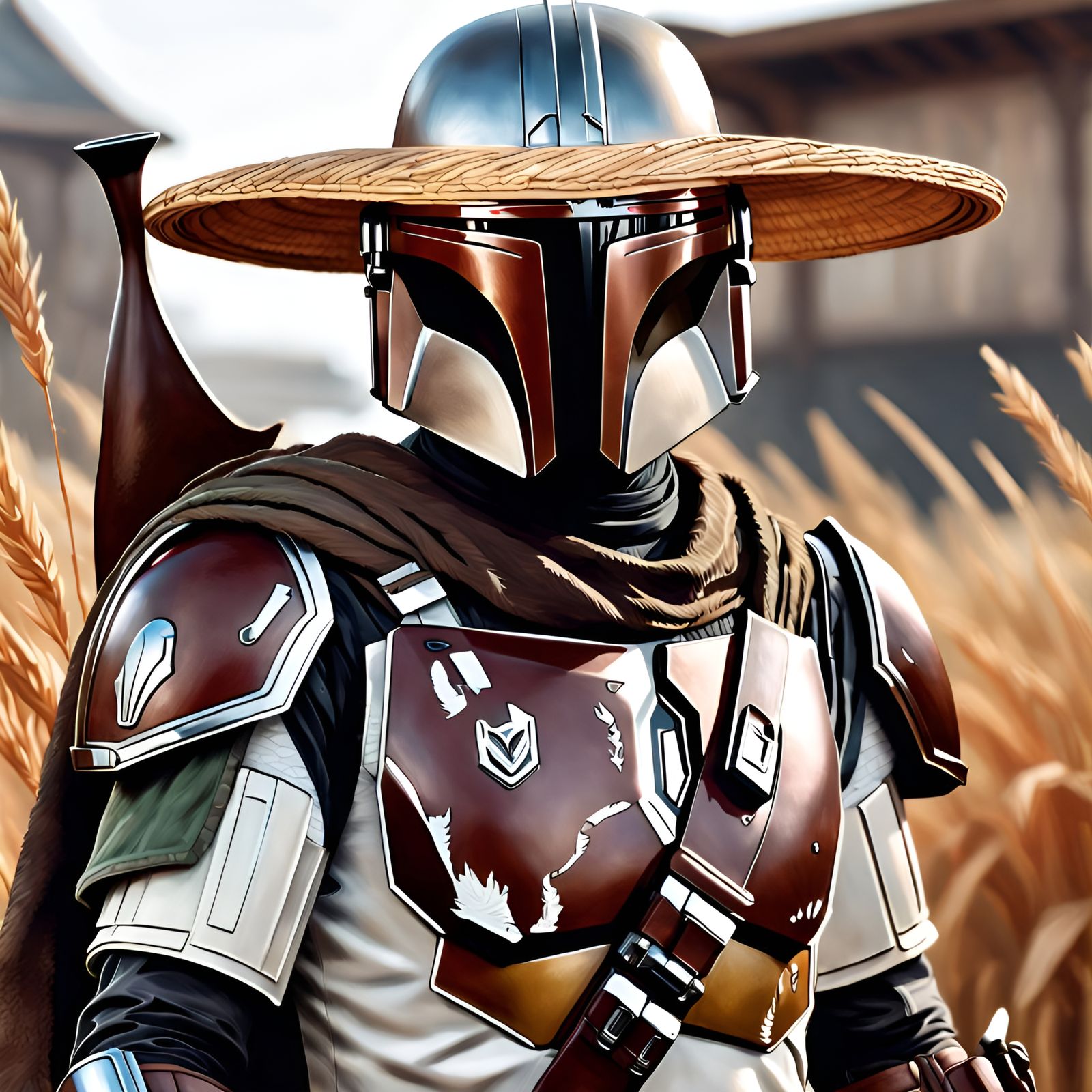 Mandalorian in Straw Hat: Detailed Cinematic Portrait