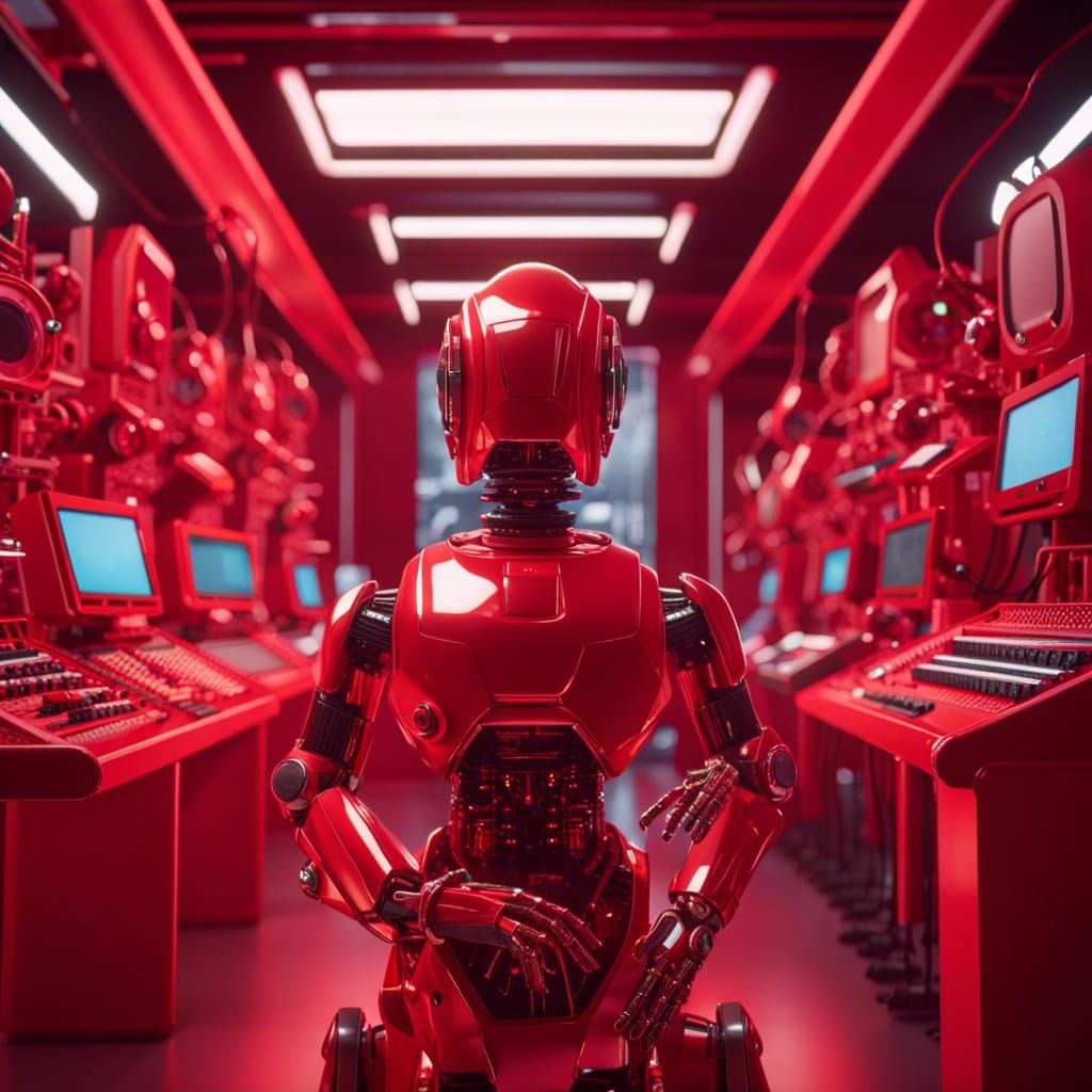 Vintage Robot Plays Synth in Sci-Fi Room