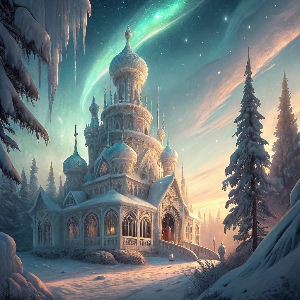 Ethereal Ice Palace Amidst Aurora Borealis