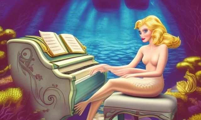 Elegant Blond Mermaid Playing Piano Underwater in Film Noir