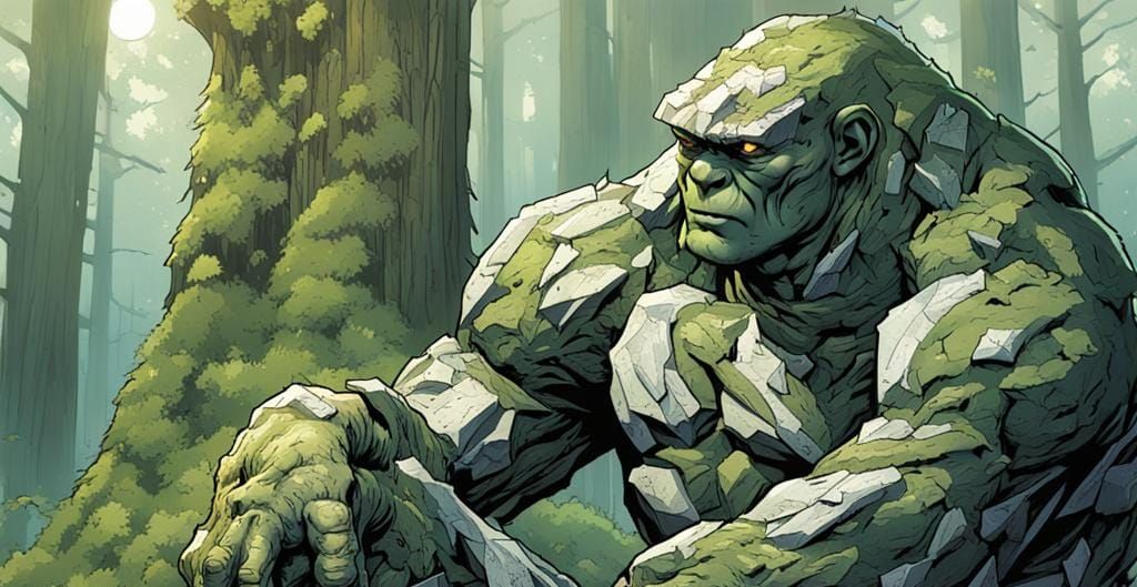 Mossy Rock Golem in Forest, Comic Book Art