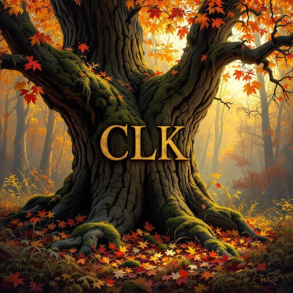 Initials CLK Carved in Autumn Forest Tree