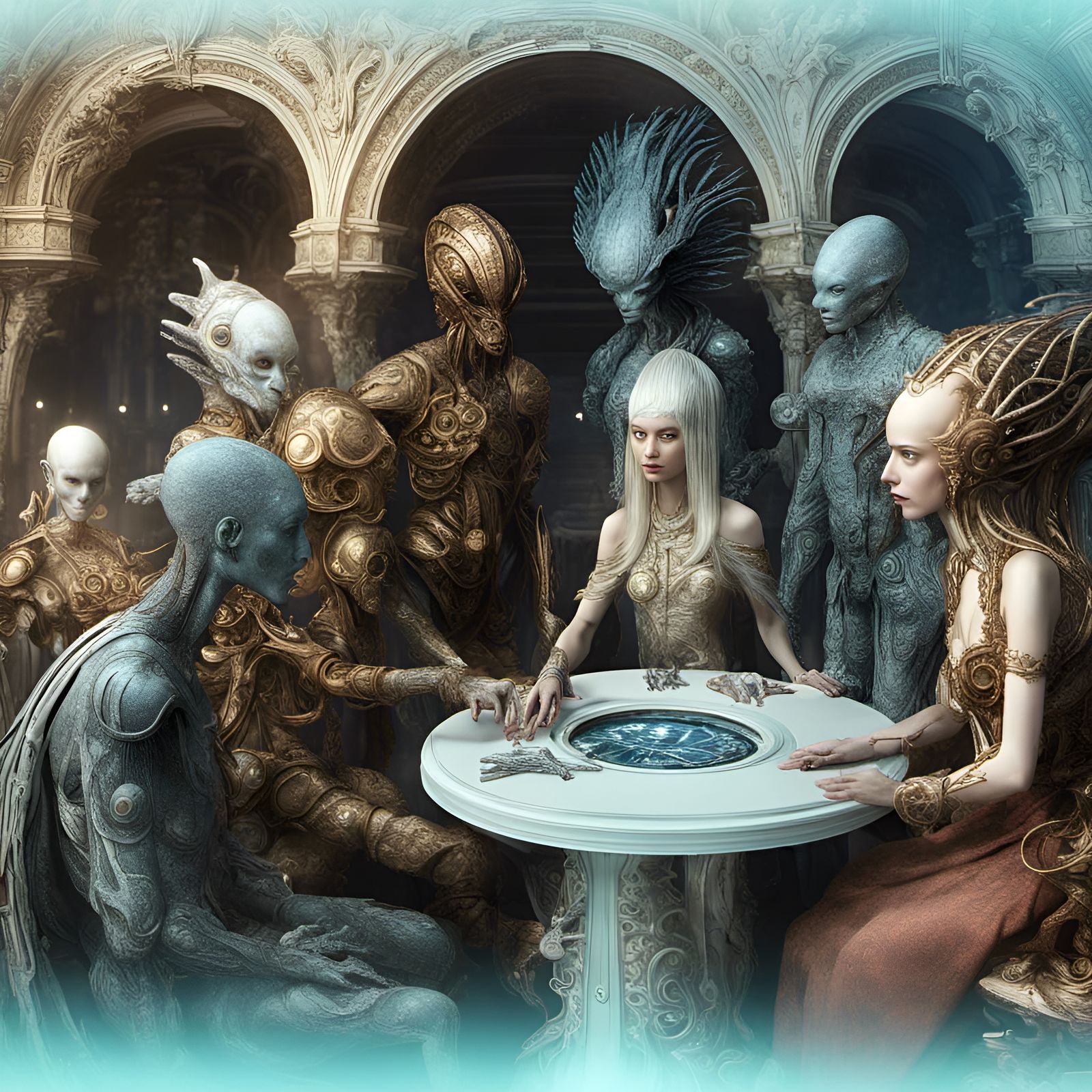 Dreamlike Alien Social Gathering in Hyperrealistic Style