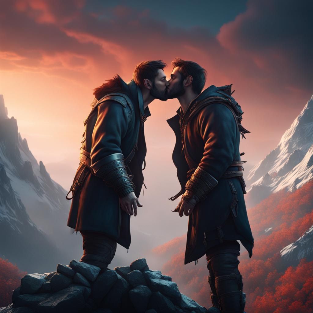 Two Men Kissing on a Mountain in Detailed Matte Painting