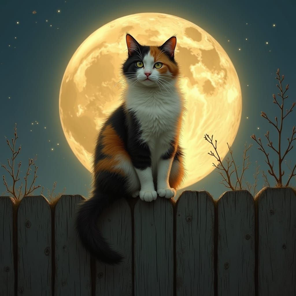 Calico Cat on Fence Under Moonlight
