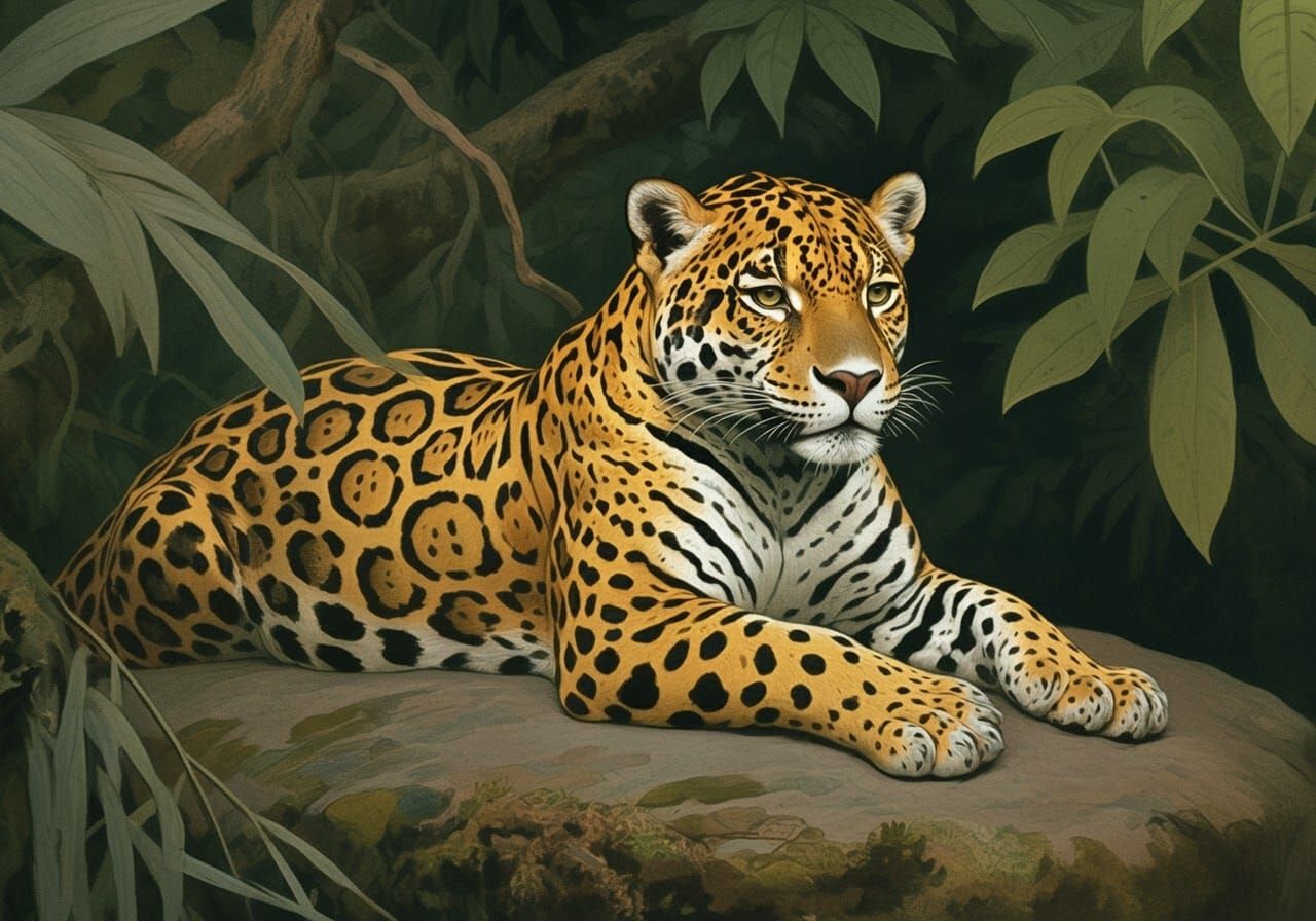 Jaguar Lounging in Jungle Illustration