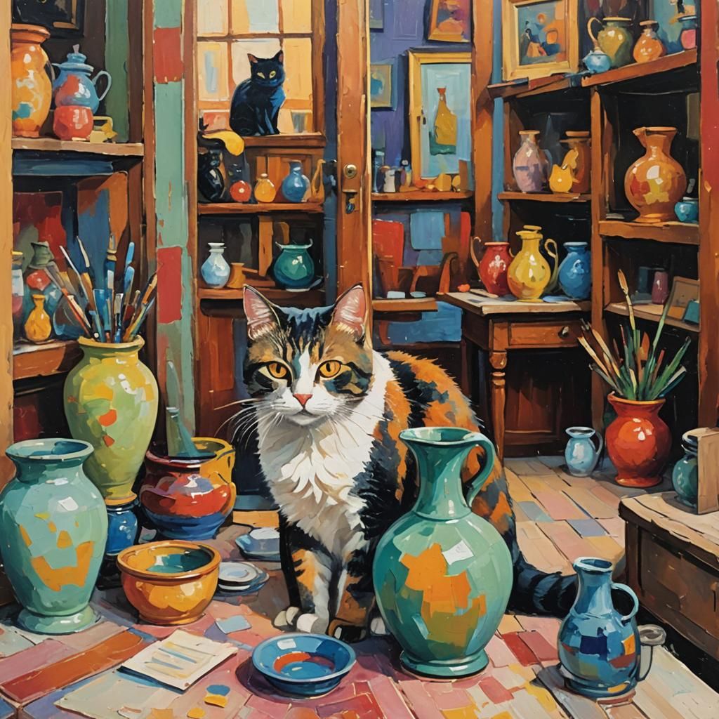 Cats Lounging in Antique Shop: Fauvist Painting