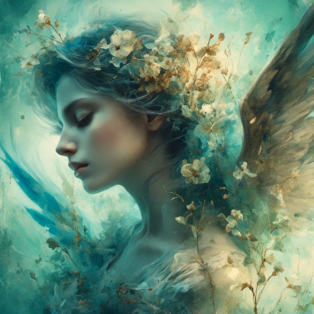 Ethereal Angel Portrait with Floral Transparency