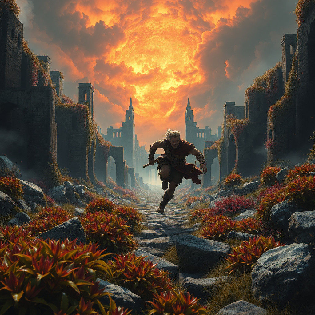 Highlander Sprinting Through Mystical Ruins