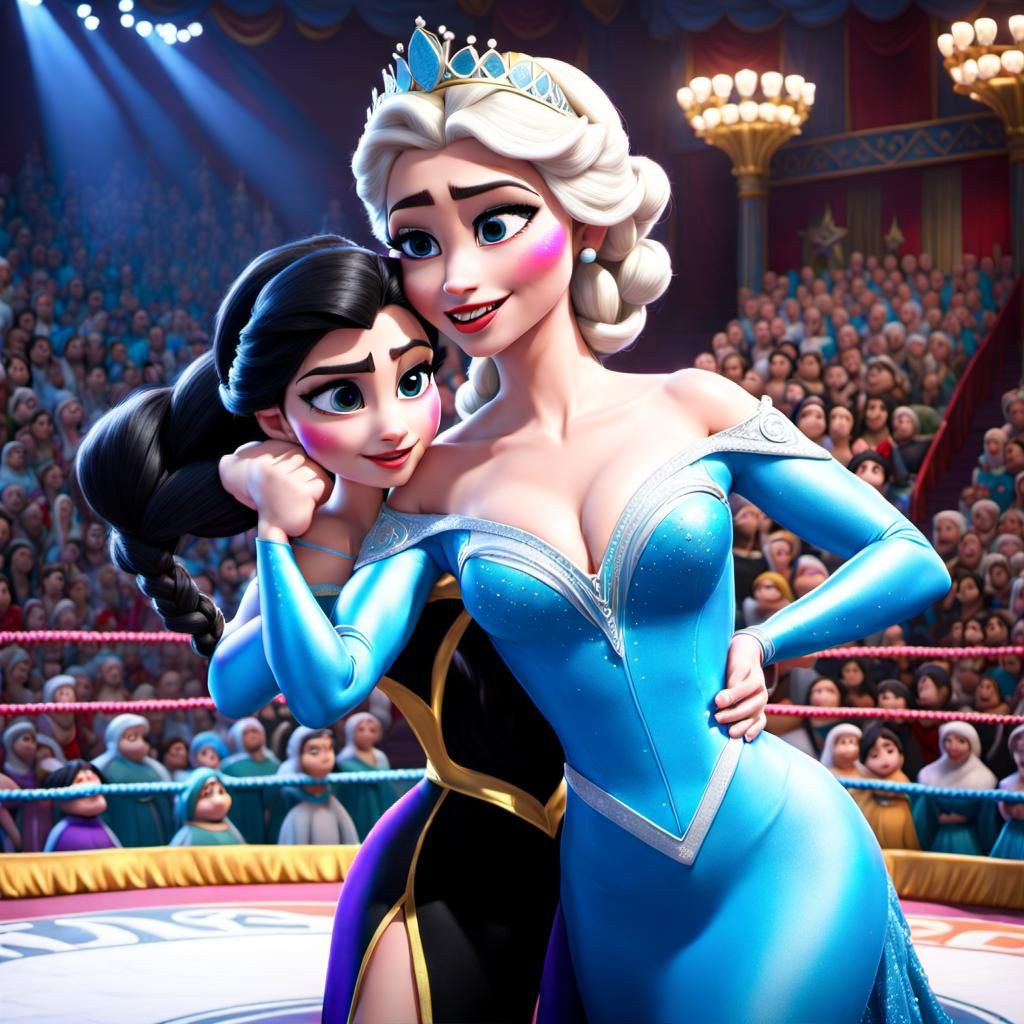 As Elsa gets her in a headlock Snow White realises this wrestling bout is not going well