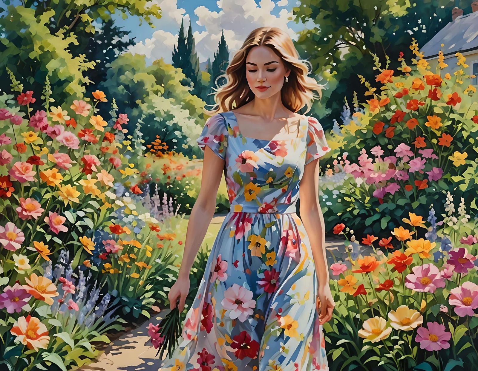 Woman in Floral Dress in Impressionistic Garden
