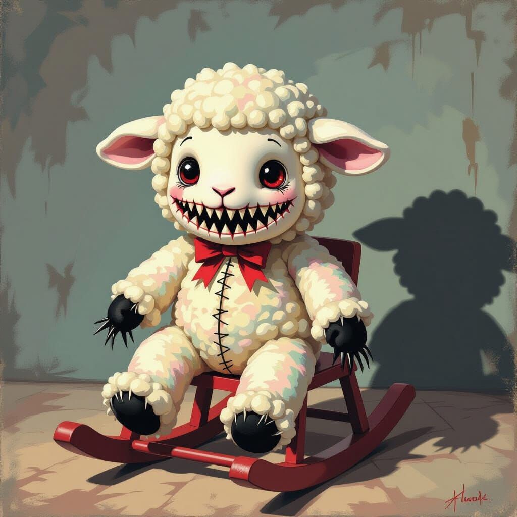 Menacing Stuffed Lamb Toy in Gothic Horror Style