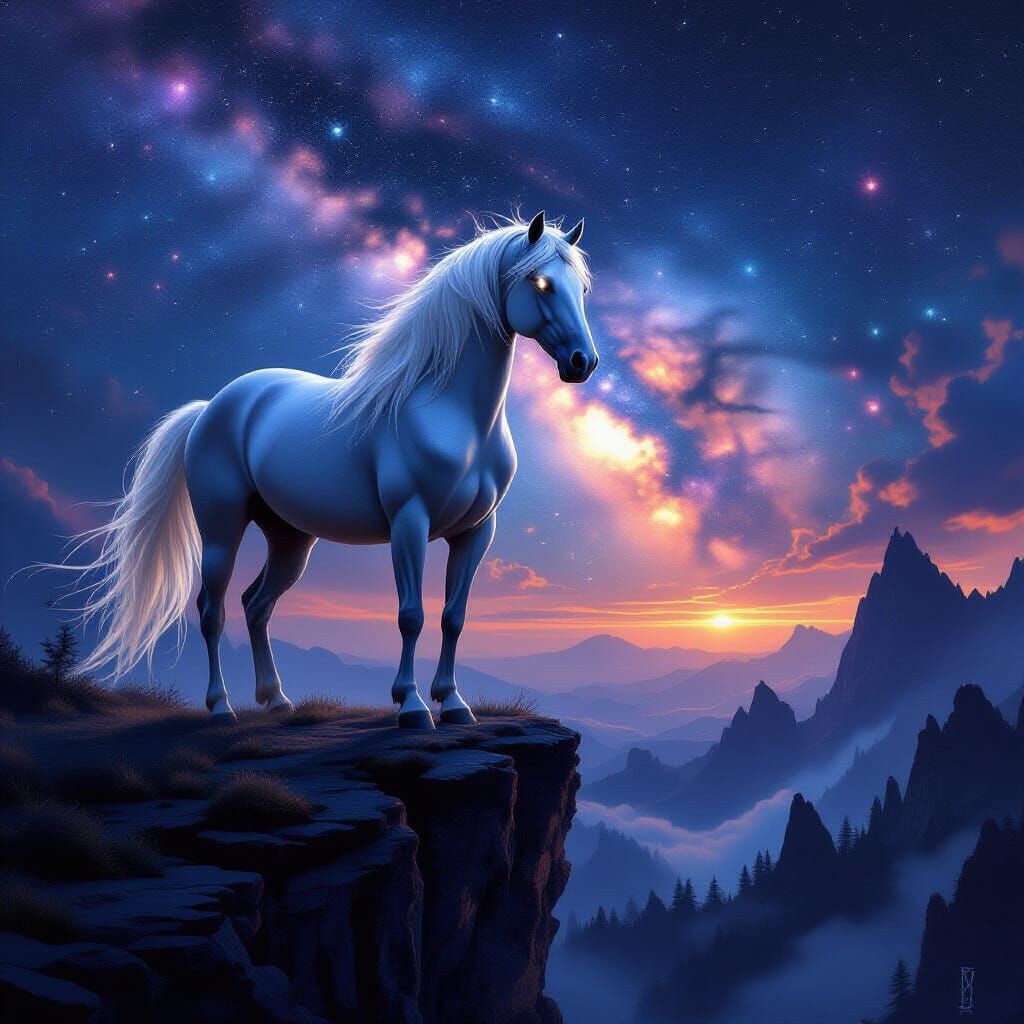 Stardust Horse Overlooking Nebula in Dark Fantasy Style