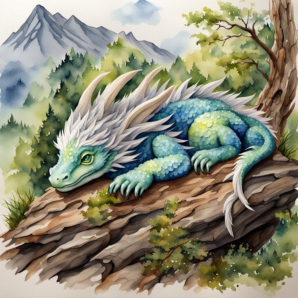 Adorable Feathered Baby Dragon Sleeping in Watercolor