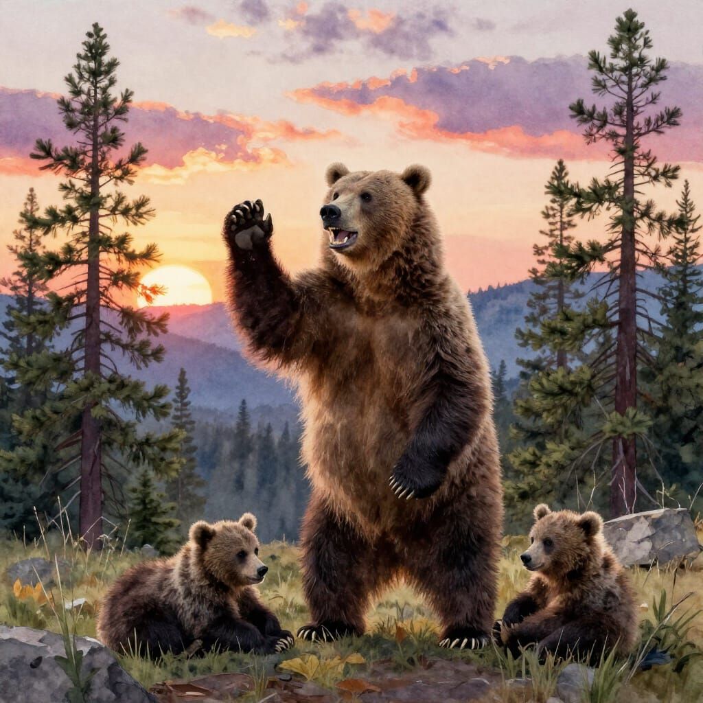 Protective Mother Grizzly Bear and Cubs in Rocky Mountains