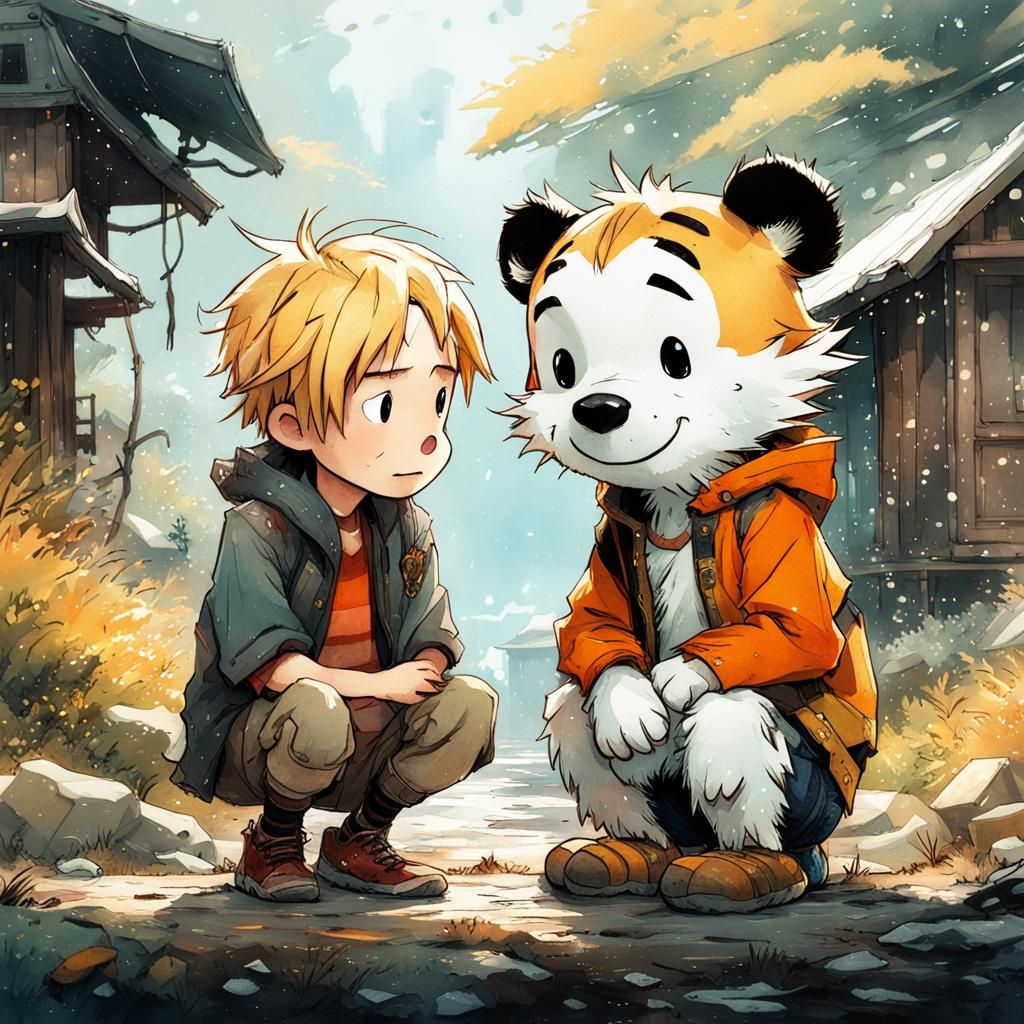 Anime Calvin and Hobbes Watercolor Portrait