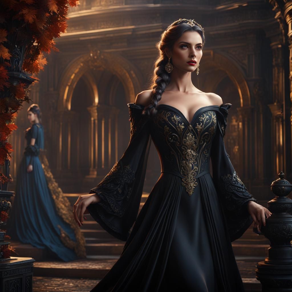 Young Woman in Black Dress: Detailed Matte Painting