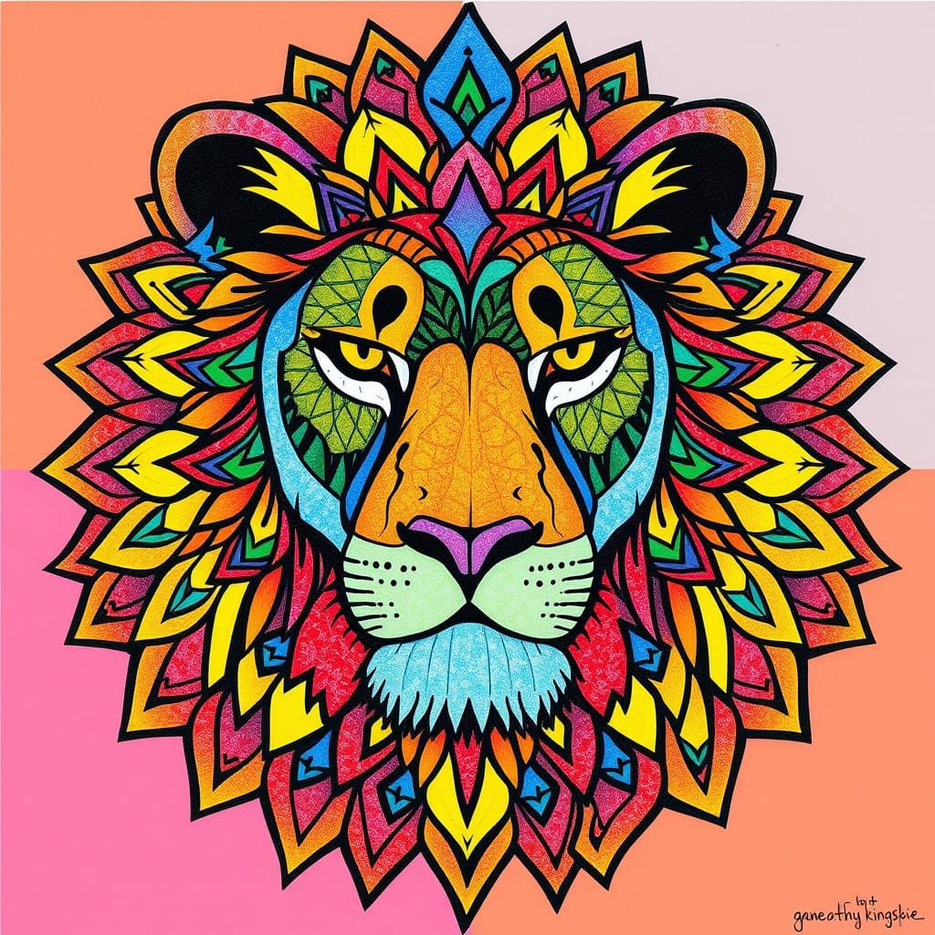 Vibrant Lion's Face in Stylized, Abstract Patterns