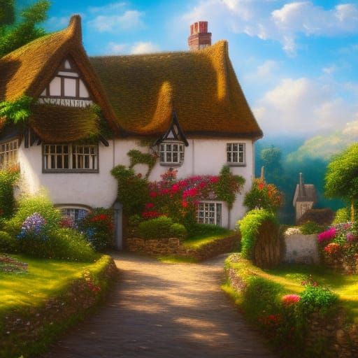 Quaint English Village with Church, Oil Painting