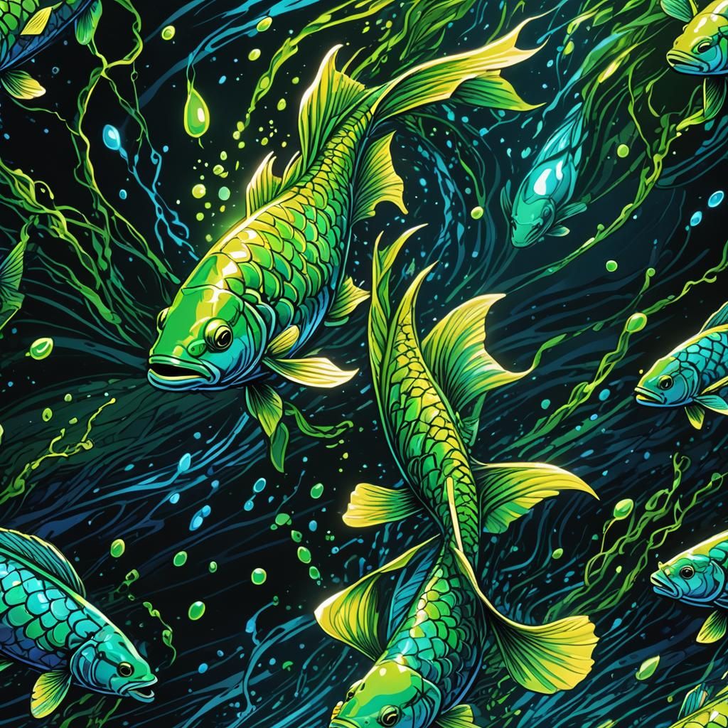 Neon Fish in Dark Water Comic Book Art