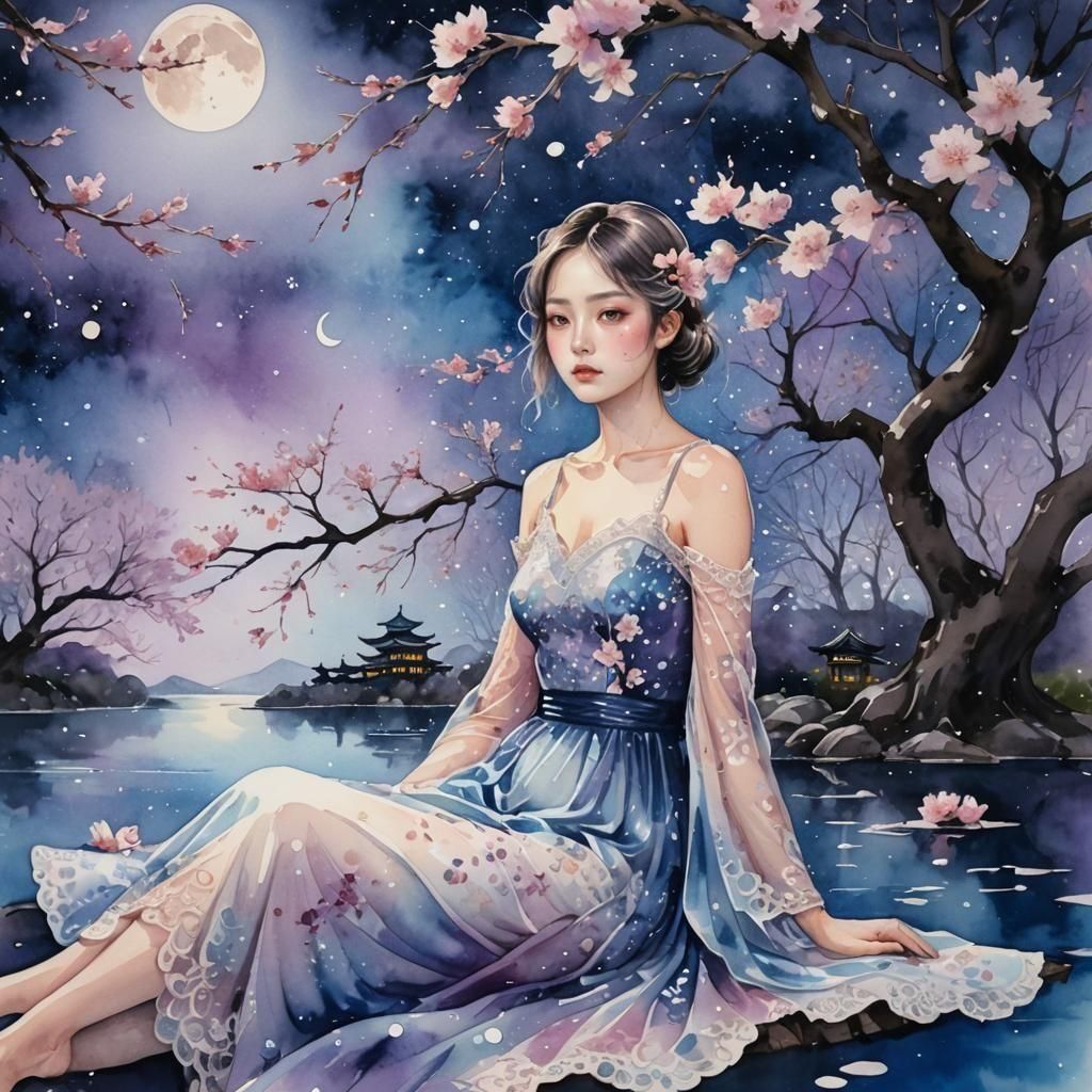 Surreal Japanese Landscape with Melting Moon and Serene Pond