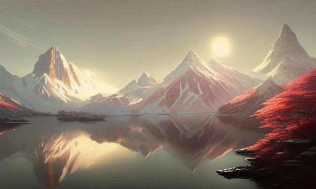 Steampunk House Reflected in Mountain Lake, Digital Art