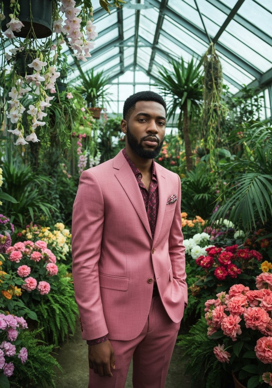 Man in Pink Suit in Lush Greenhouse, Composite Photography