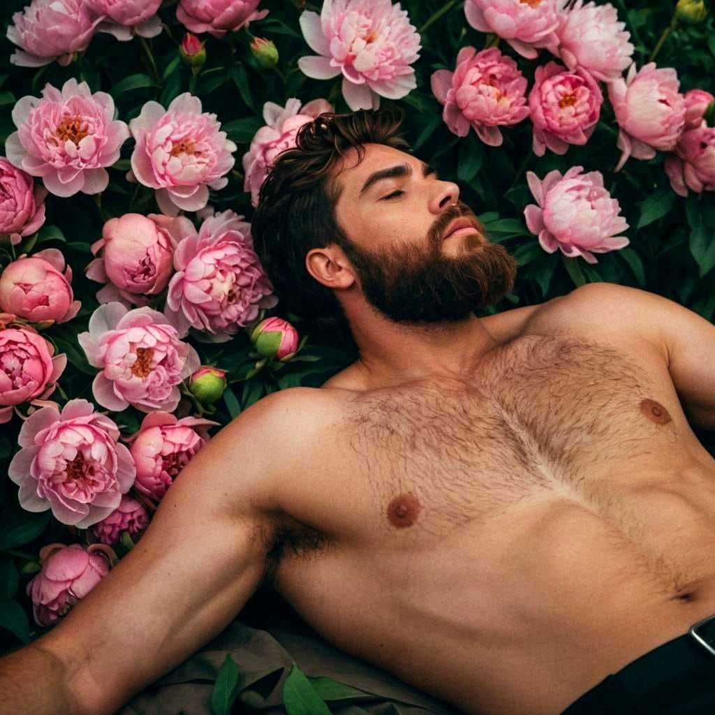 Bearded Man on Peonies: Cinematic Film Still