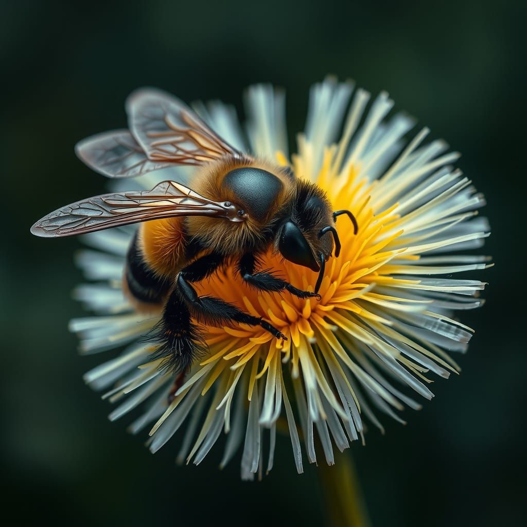 Bumblebee Sleeping in Dandelion: Hyperrealistic Close-up