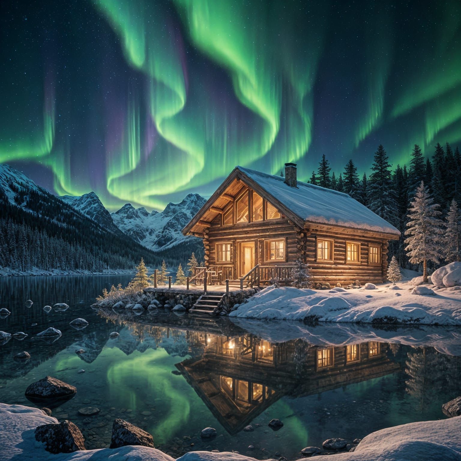 Crystal Cabin Under Northern Lights: 3D Render