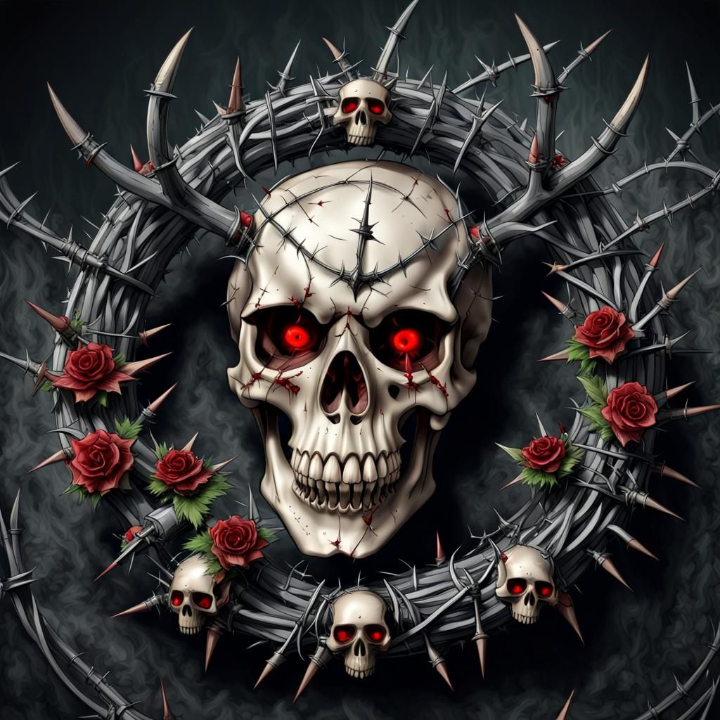 Skull with Red Eyes and Barbed Wire Wreath
