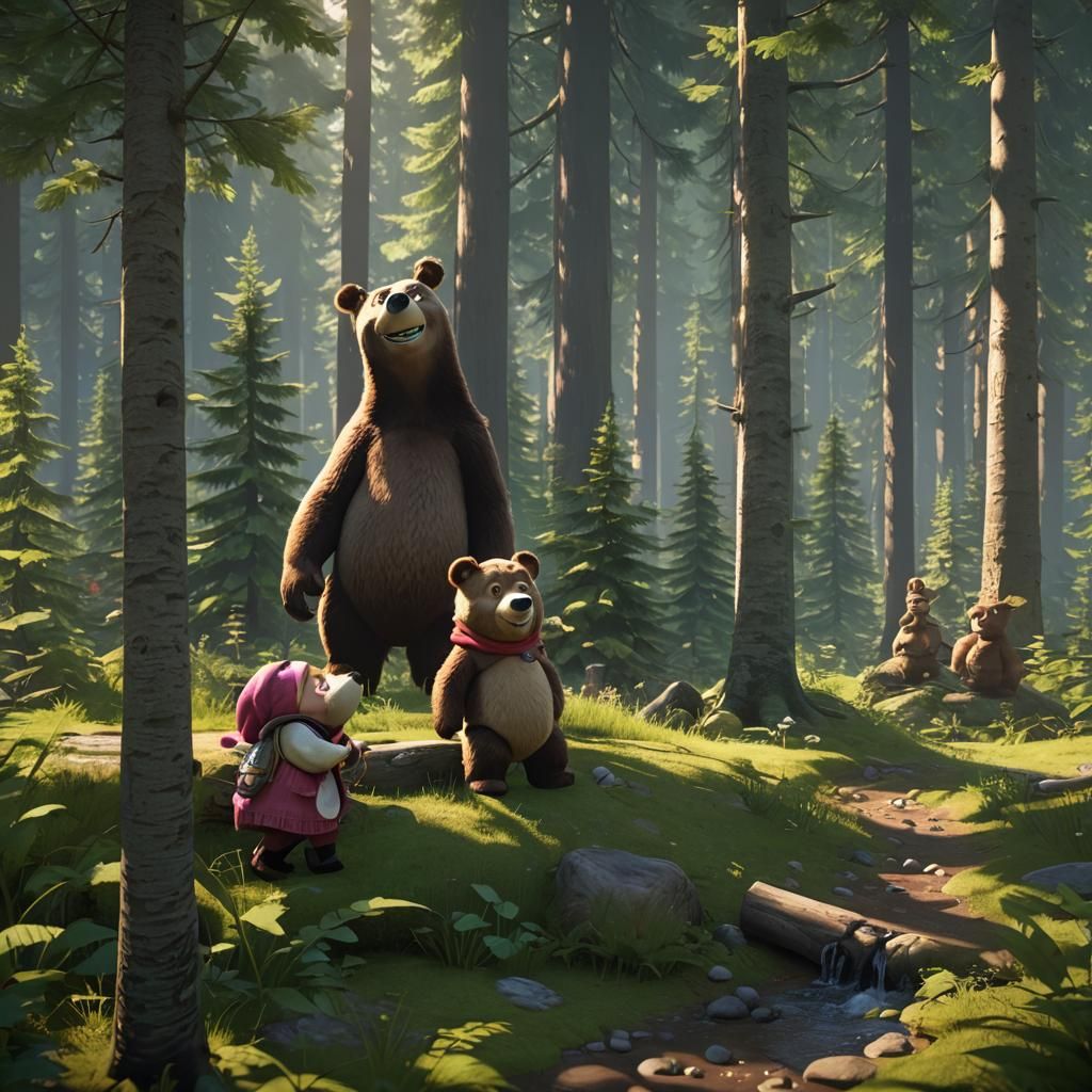 Masha and the Bear in Forest: 3D Shading