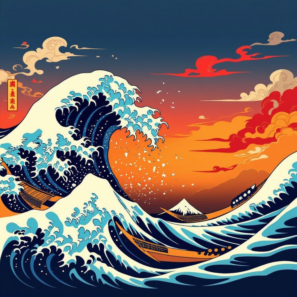 Japanese Irazumi Waves and Flames on Gradient Background