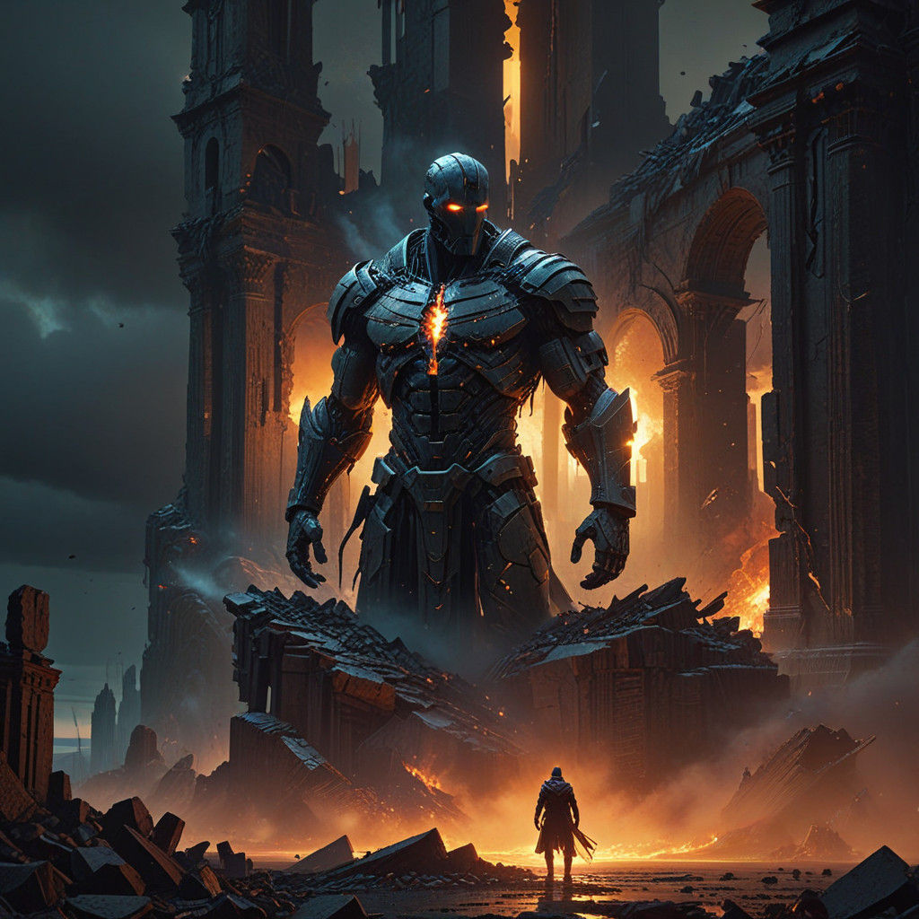 Cyberpunk Titan in a Gilded Ruin