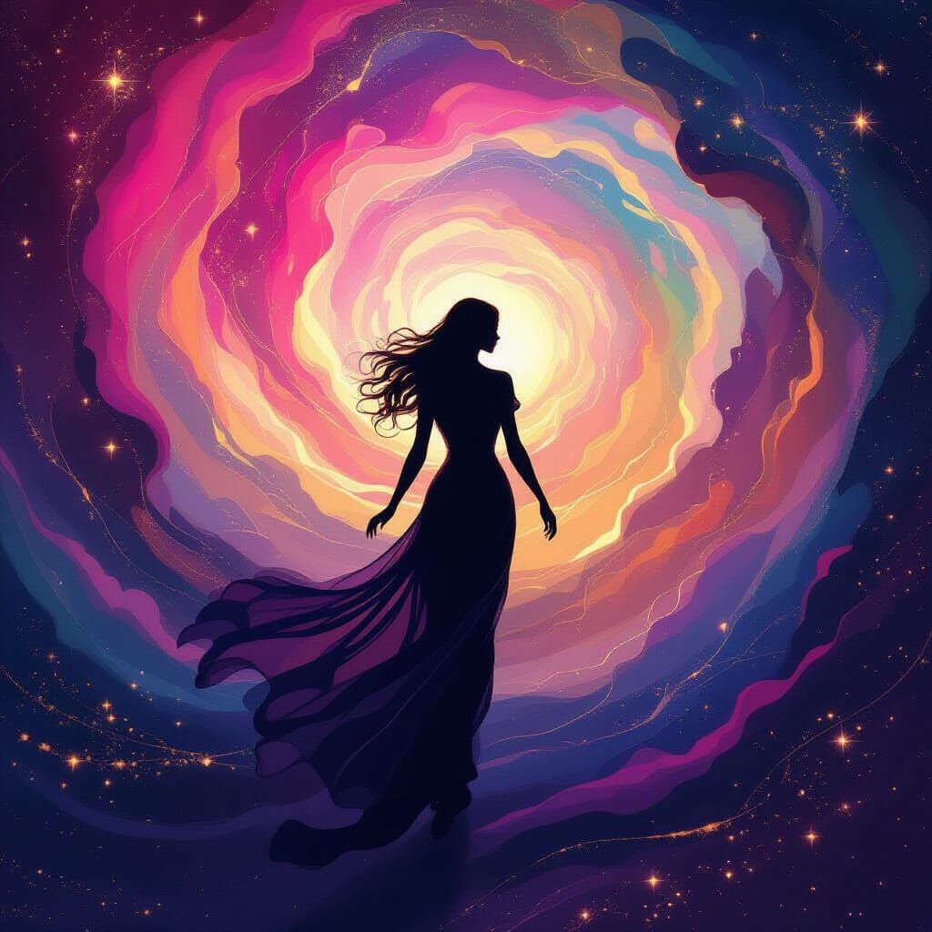 Feminine Silhouette Enters Vibrant Cosmic Nebula