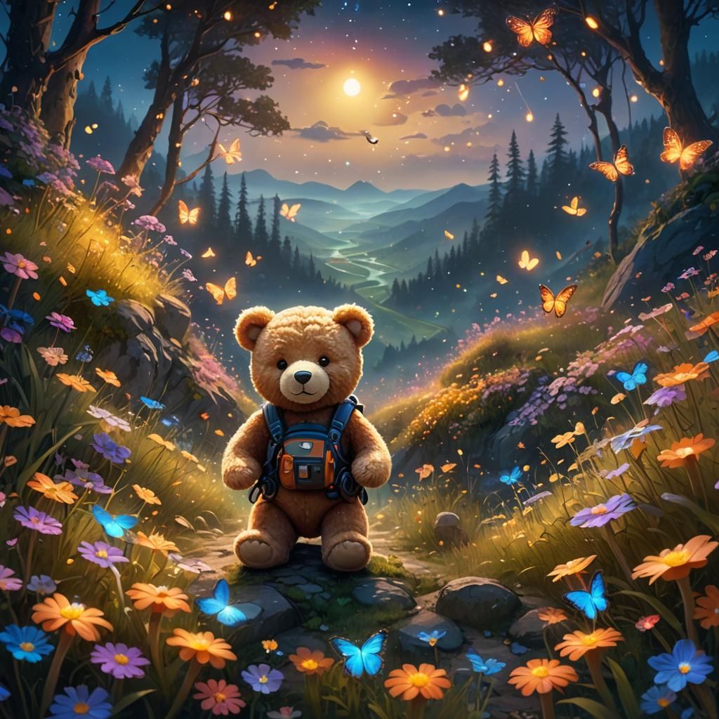 Teddy Bear's Mystical Adventure in Fantasy Landscape